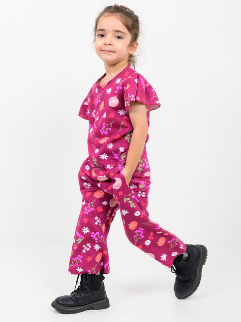 Frill Sleeves Spring Fizz Cotton Trouser Set (Rosy Magenta)